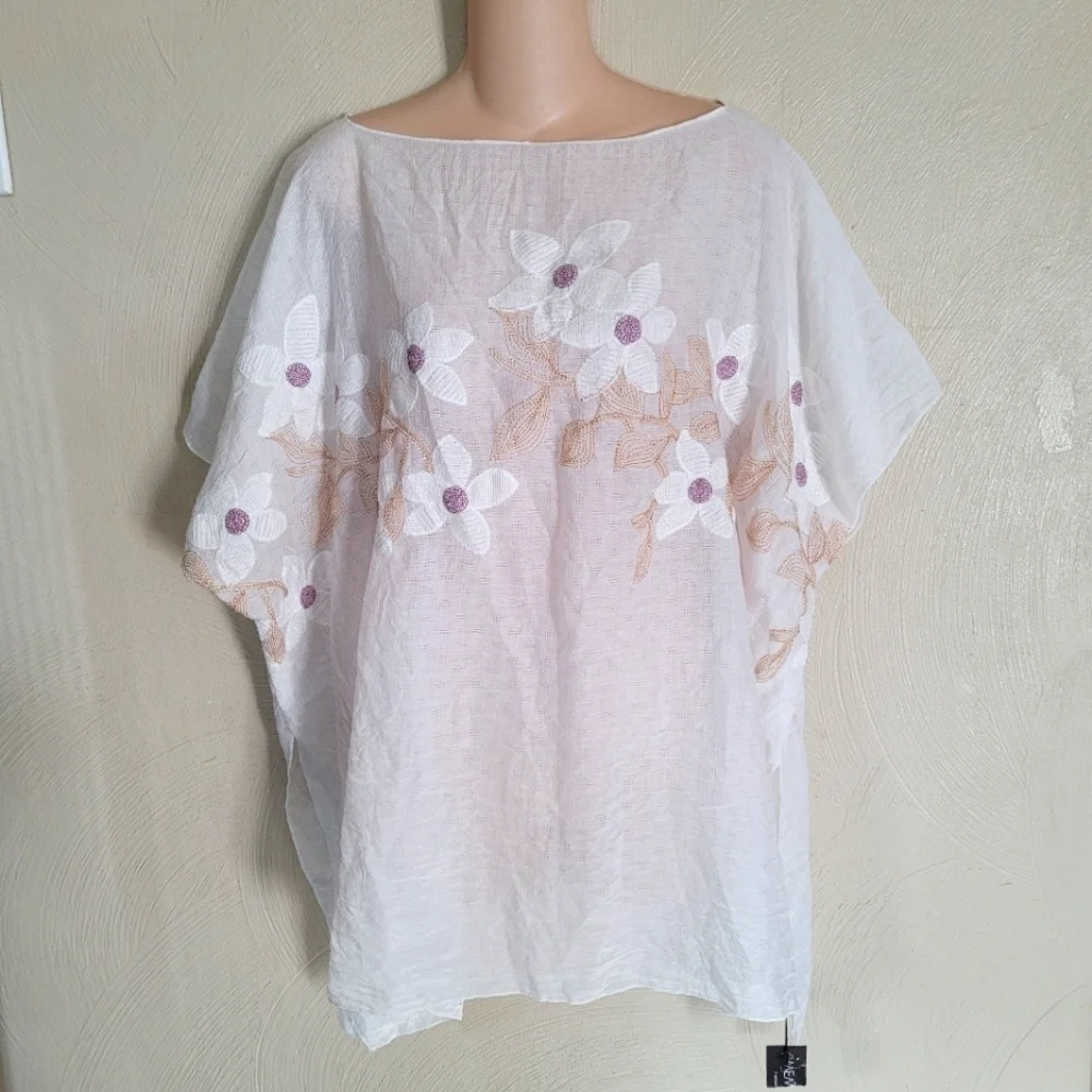 Memories Fashion Ivory Swim Cover Up Poncho with Floral Embroidery One Size